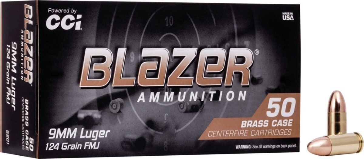 CCI Blazer Brass 9mm 124-Grain Full Metal Jacket Round Nose Centerfire Handgun Ammunition - 50 Ro...