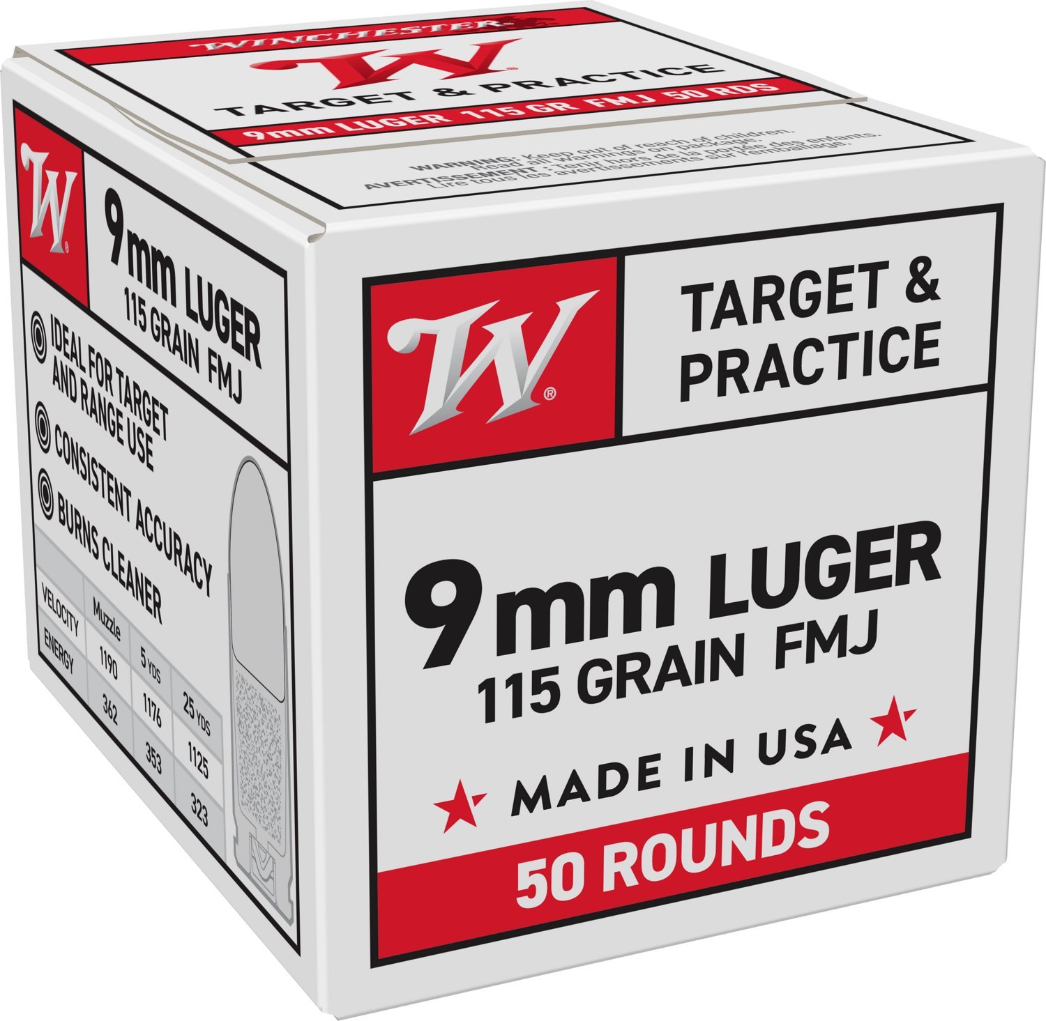 Winchester USA Full Metal Jacket 9mm Luger 115-Grain Handgun Ammunition - 50 Rounds